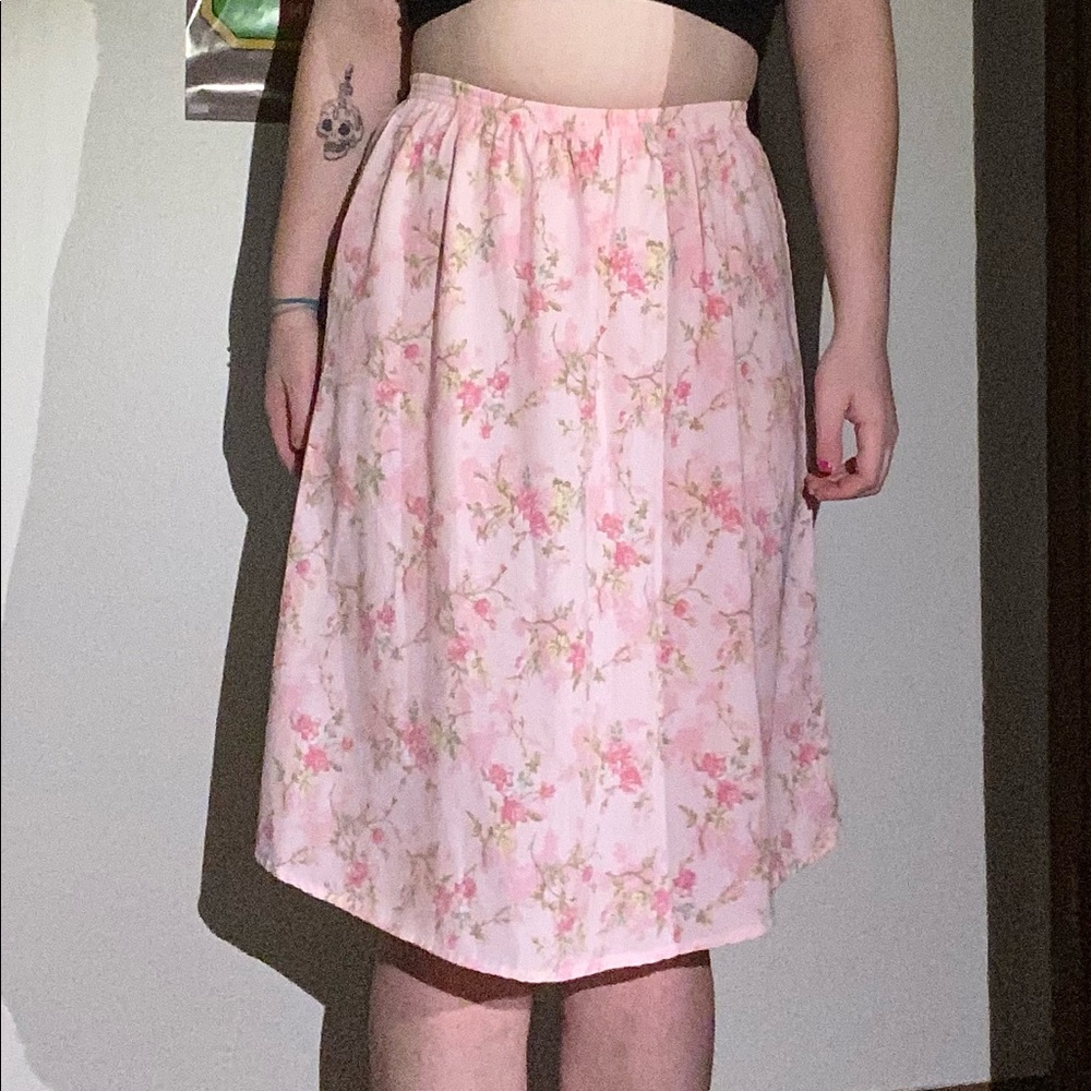 pastel pink floral calf length skirt